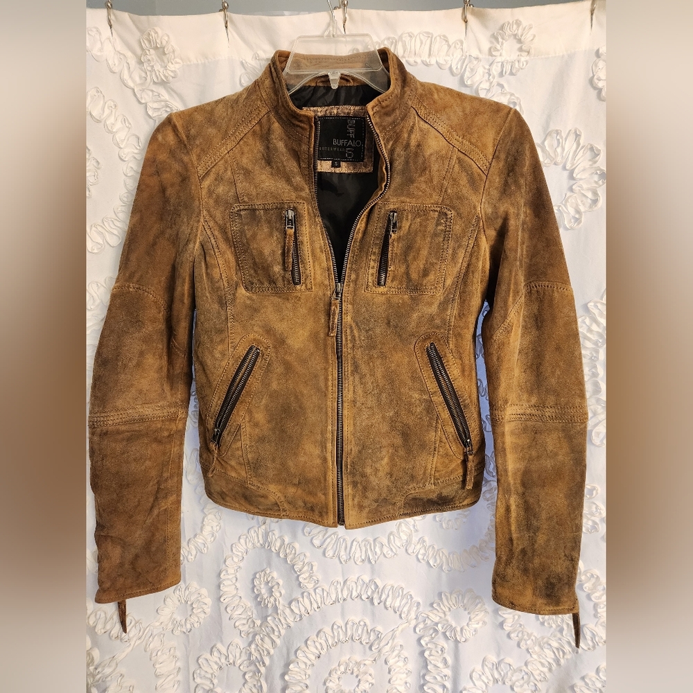 Buffalo Outerwear Suede Leather Jacket Womens SZ Small Moto Biker Front Pockets